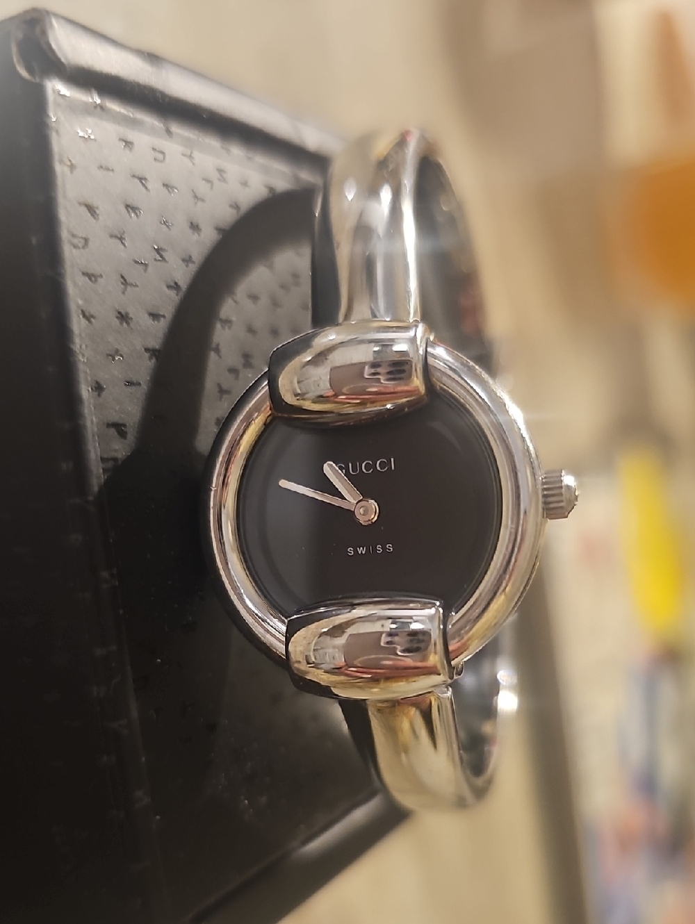 Gucci Women's Silver Bangle Watch with Black Dial (Working Condition)